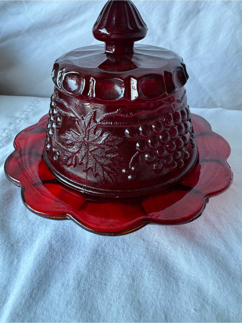 Vintage Ruby Red Round Dome Covered Butter / Cheese Dish Grape & Cable
